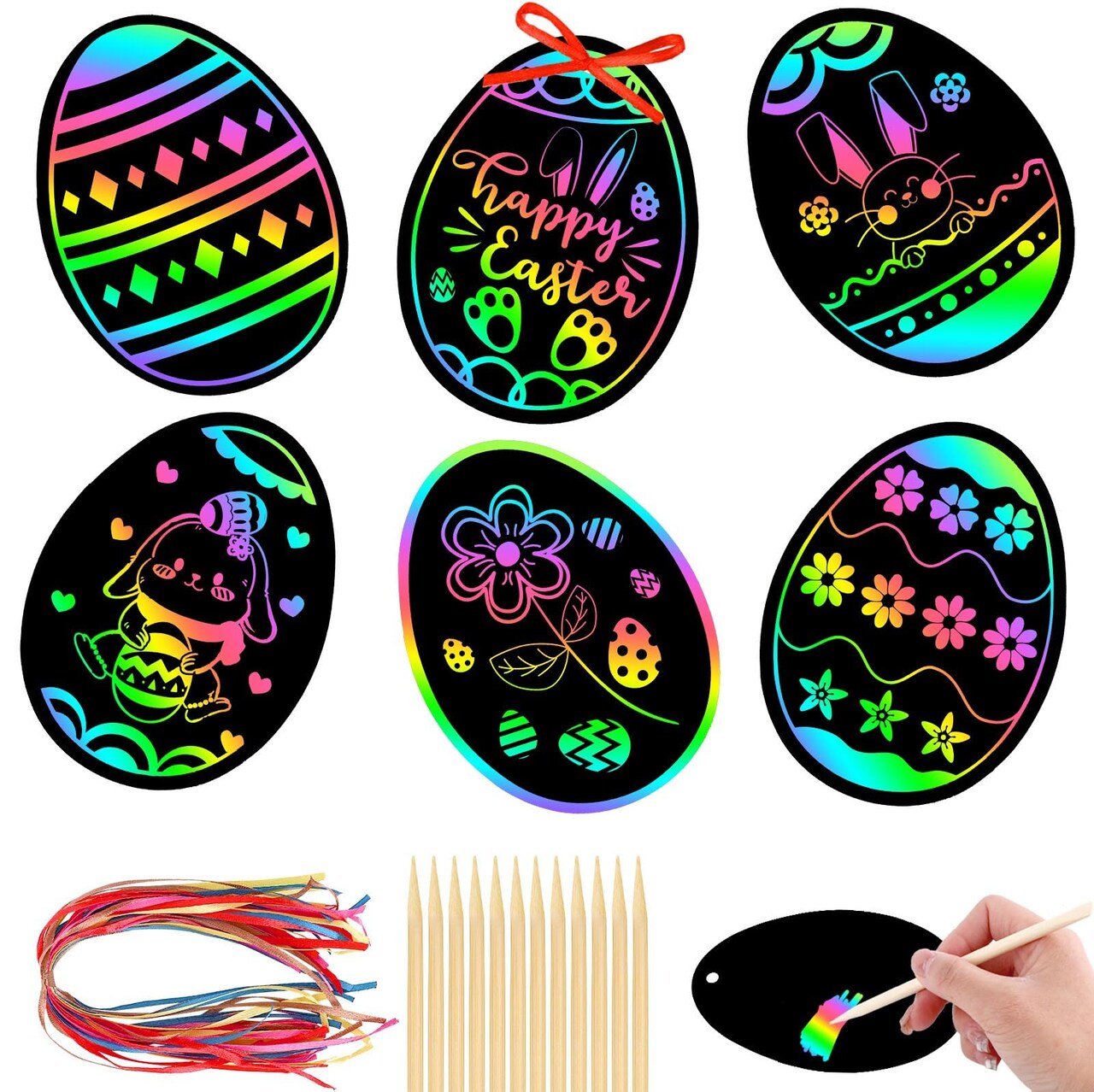 36 PCS Easter Egg Scratch Art for Kids, Rainbow Magic Scratch Paper Easter Crafts for Kids Gifts School Classroom Activities Project Party Favors Basket Fillers